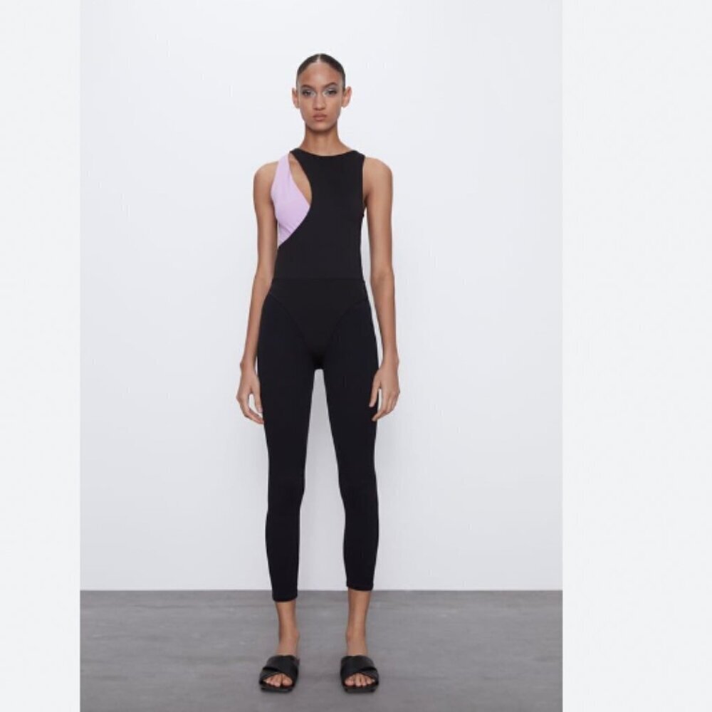 NWOT ZARA LILAC BLACK COLORBLOCK CUT OUT SLEEVELESS BODYSUIT - S